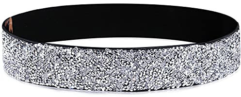 YooAi Strass Elastische PU Leder Gürtel Glänzender Kristall Stretch Taille Gürtel Breite Taille Band für Frauen Kleid 64cm Kristallweiß Schwarz