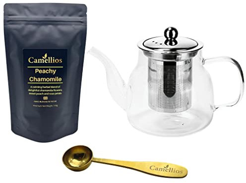 Loose Leaf Gift Set, Heat Resistant Teapot, Tea Measuring Spoon, 100g Loose Leaf Tea, Camellios (Peachy Chamomile)