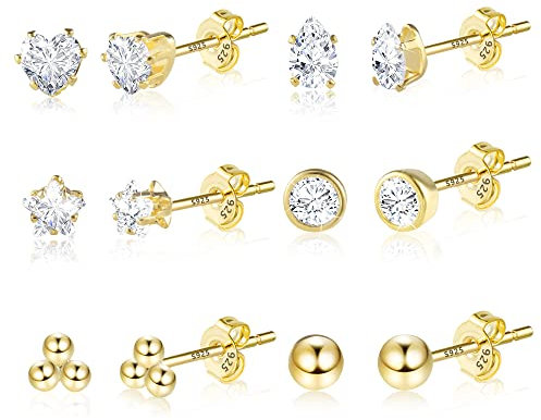 Kleine Gold Ohrstecker Ohrringe Set für Damen, 6 Paar 925 Silber Ohrringe Set Damen Zirkonia Knorpel Kleine Ohrstecker Set Hypoallergen Gold Ohrstecker für Mädchen