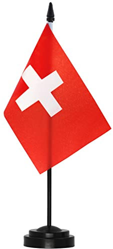 Anley Switzerland Deluxe Tischflaggen-Set – 15,2 x 10,2 cm Miniatur-Schweizer CH-Tischflagge mit 30,5 cm massiver Stange – lebendige Farbe und lichtbeständig – schwarze Basis und Speerspitze