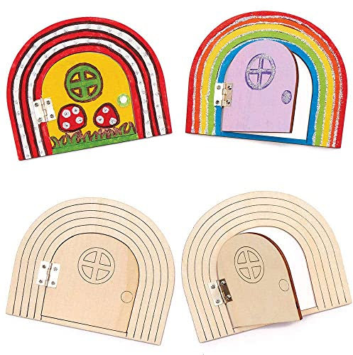 Baker Ross FC825 Regenbogen Feen Tür Holz Bastelset - 4er Pack, Holz Basteln für Kinder, Anmalen für Kinder