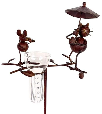 Pluviomètre à Piquer Tuteur Plante Décoration de Jardin Motif Chat et Souris en Métal Patiné Marron et Tube en Verre 17x33x119cm