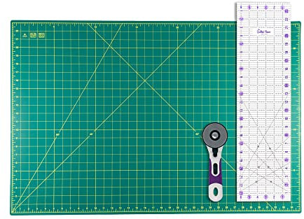 The Quilted Bear 24 x 36 Heavy Duty Self Healing 5 Layer Cutting Mat with 6.5 x 24 Non-Slip Ruler & 60mm Ergonomic Soft Grip Rotary Cutter (Green)