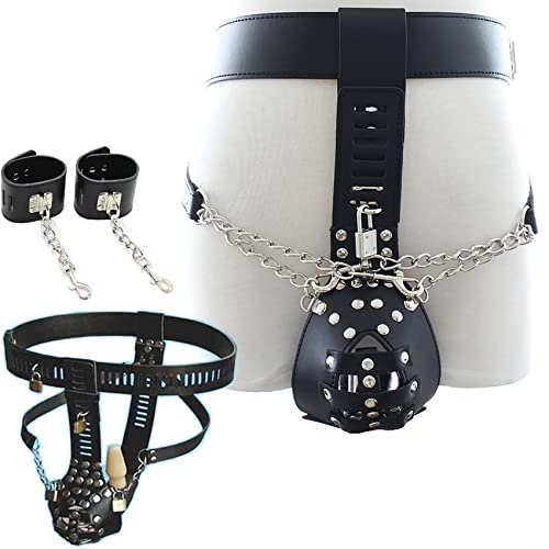 ScreaAss Peniskäfig Herren Leder Keuschheitsgürtel Bondage Set Mit Handschellen Und Vibrierenden Analplug Und Schlüssel Schloss Keuschheitskäfig Keuschheit Sexspielzeug Für Männer,Schwarz,Set