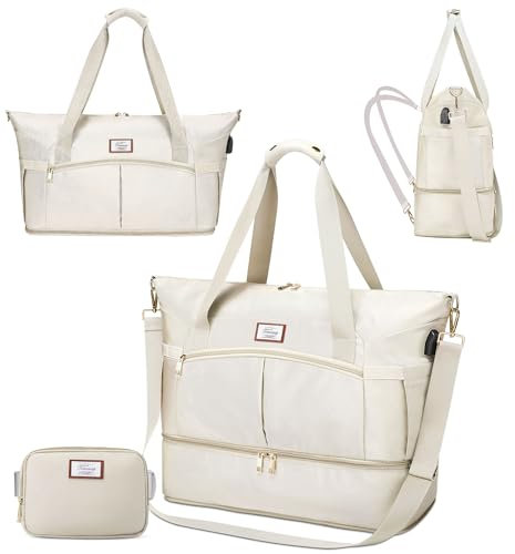 Sac de voyage pour femme, sac de sport avec compartiment à chaussures, grand sac de week-end avec poche humide, beige, Sac à dos pour ordinateur portable