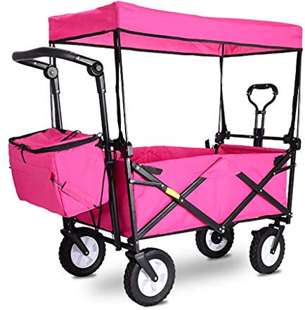Zusammenklappbarer tragbarer Gartenwagen mit Überdachung, Multifunktions-Einkaufswagen für Outdoor-Camping, Angeln, Handwagen mit 4 Rädern, Tragkraft: 80 kg (Rose Red)