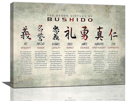 Wandkunst, japanischer Samurai, 7 Tugenden des Bushido-Bilder, Wanddekoration, motivierender Krieger, Musashi, Poster, Leinwanddrucke, gerahmt, modernes Gemälde, Kunstwerk, Geschenke für Schlafzimmer,