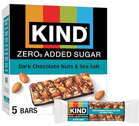 Kind Zero Added Sugar Healthy Snacks Bars, Dark Chocolate Nuts & Sea Salt, Gluten Free, High Fiber, Keto Snacks, 5g Protein, 5 Count