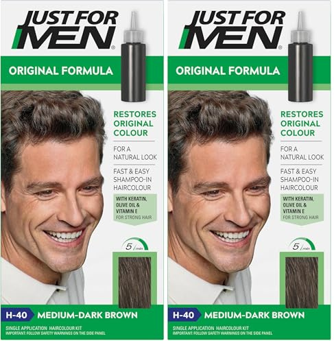 Just For Men Original Formula Medium-Dark Brown Hair Dye, Targets Only The Grey Hairs, Restoring The Original Colour For a Natural Look – H40 (Pack of 2)