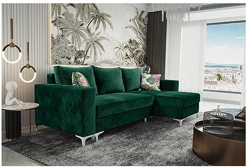 MEBLINI Schlafcouch mit Bettkasten - Kleines Ecksofa mit Schlaffunktion - Sofa mit Relaxfunktion und Kissen - Kleine Couch L-Form - Eckcouch - Massimo - 236x145x86cm - Grün Samt