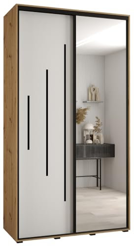 MEBLE KRYSPOL Davos 13 140 Schrank mit Zwei Schiebetüren für Schlafzimmer - Moderner Kleiderschrank mit Spiegel, Kleiderstange und Regalen - 235,2x140x60 cm - Artisan Weiß Schwarz