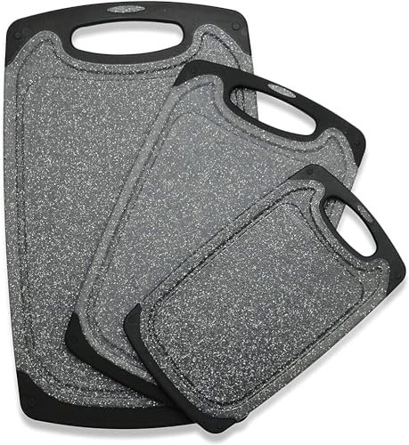 Lot de 3 planches à découper en plastique pour cuisine avec pieds antidérapants, rainures pour jus, poignée facile à saisir, sans BPA, non poreuses, passent au lave-vaisselle, plusieurs tailles (noir,