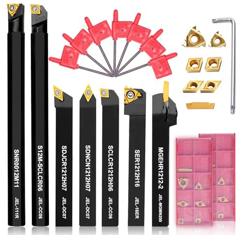 12mm Shank Carbide Lathe Turning Tool Set, 7-Piece Metal Lathe Tools for Grooving, Threading, and Woodturning - Includes 2 Box Carbide Inserts (12mm)