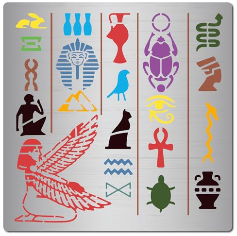 GORGECRAFT 16x16cm Pyramiden-Metallschablone Ägyptische Hieroglyphen Und Der Gott Nekhbet Metallschablone Edelstahl Tagebuch Planer Schablonen Für Holzbrennen Zeichnen Schnitzen Malen Auf Holz