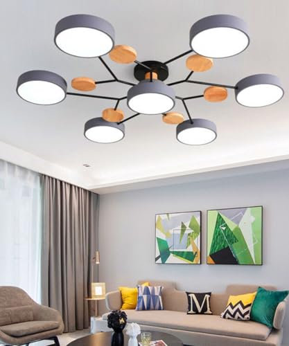 Moderne LED-Deckenleuchte Dimmbare Schlafzimmer-Deckenleuchte mit dekorativem Holzlicht, Runde Acryl-Deckenleuchte, halbbündige Deckenleuchte, Schlafzimmer Esstisch Kinderzimmer Deckenleuchte (grau)…