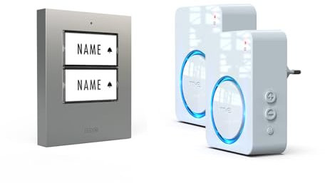 m-e Funkklingel BELL-522 AC Silber mit Sender und Empfänger für 2-Familienhaus | Erweiterbare kabellose Türklingel mit 500 Meter Reichweite | Türglocke für Steckdose