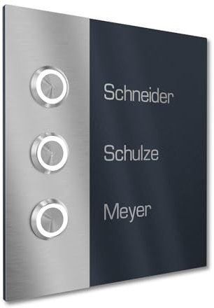 Graviers Design Mehrfamilienhaus Klingel mit LED Klingeltaster 3 Namen Gravur - V2A Edelstahl Türklingel 140x150 mm Pulverbeschichtet RAL 7016 - Unterputz wählbar Aufputz für Haustür 3-fach