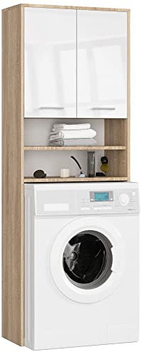3E 3xE living.com Badezimmerschrank über der Waschmaschine: Zwei Türen, Farbe: Sonoma-Eiche | weiß glänzend, Maße des Möbels: B: 64 cm, H: 180 cm, T: 30 cm.