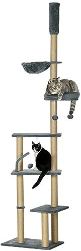 PawHut Árbol para Gatos de Suelo a Techo de 230-250 cm Árbol Rascador para Gatos con Altura Ajustable Múltiples Plataformas Cestos Hamaca Bolas Colgantes Gris