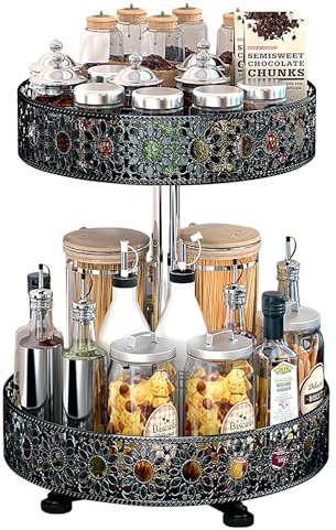 Polegas 2 Tier Rotating Spice Rack, 360 ° Lazy Susan Turntable, Metal Steel Spice Rack for Inside cupboard, Black spice rack organiser for Kitchen Countertop, Cabinet, Dining Table, Pantry, Bathroom