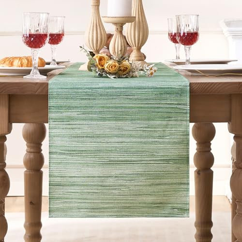 Runner da Tavolo in Stile Rustico Verde Salvia con Strisce Retrò - Decorazione in Lino Lavabile per Tavolino da Caffè, Feste, Matrimoni 40 cm x 140 cm