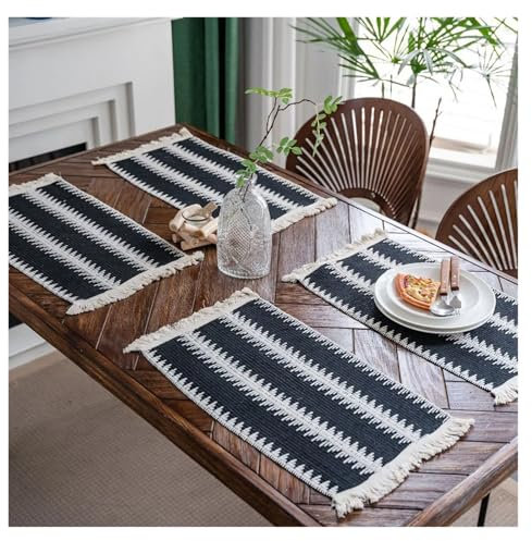 JTKSSCS Placemats Cotton Linen Placemats For Dinner Table Macrame Modern Accessory Kitchens Underplate Party Wedding Table Decor Place Mats Set(06 Black White)