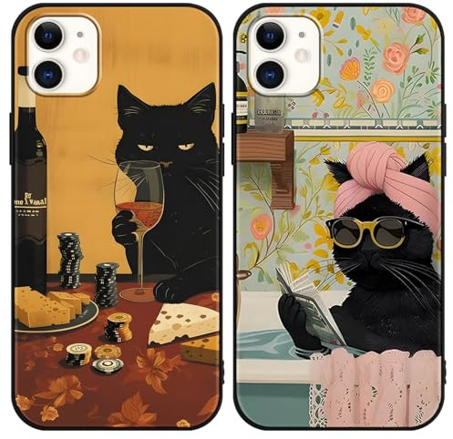 Phoona 2 Stück Handyhülle für iPhone 11 Hülle 6,1'', Aesthetic Katze Motiv Design Weiche TPU Ultra Dünn Silikon Schutzhülle Kratzfeste Stoßfest Kameraschutz Bumper Case für Mädchen, Schwarz03