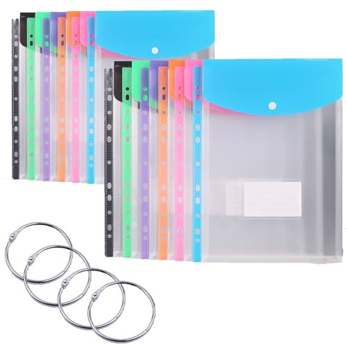 12 Pack A4 Punched Pockets Plastic Wallets 13 Holes Folders Wallets Plastic Document Files Popper Wallet with Pocket Slide Binders A4 Binder Folders with Label Pocket Plastics Folder with 4 Ring