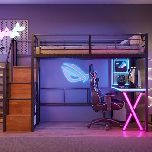 LED Hochbett 90x200 cm mit Schreibtisch, Bücherregal, Treppe und Kleiderschrank, Etagenbett mit Lattenrost, Funktionsbett Metallbett Spielbett Kinderhochbett Jugendhochbett, ohne Matratze, Schwarz