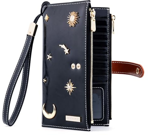 ANDOILT Women Multi Leather Wallet Blocking RFID Card Organizer with Zipper Pocket Handbag for Mobile Phone, B_Black & Hardware Decoration, Large, Concise Style