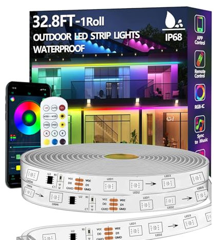 10m RGB+IC LED Streifen,Außenbereich IP68 Wasserdicht,Steuerung mit App/Fernbedienung,Bluetooth Musik Sync Seillicht für Balkone,errassen,Dächer,Gärten,Schwimmbäder