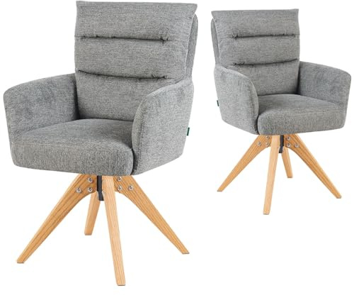 DUBI Möbel Esszimmerstühle 2er Set 360° drehbar mit Taschenfederkern, hoher Sitzkomfort, bis 150 kg belastbar, abriebfester Stoff Grau, Eiche Massivholzgestell geölt (Natur), Mika-Juna