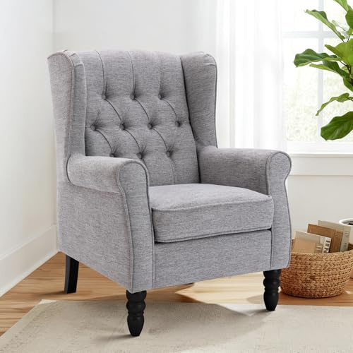 COLAMY Mid-Century Modern Sessel Wohnzimmer, Gepolsterter Wingback-Sessel mit Knopfsteppung, loungesessel Bezug aus Gewebe mit Massivholzbeinen für Wohnzimmer, Büro, Café - Hellgrau