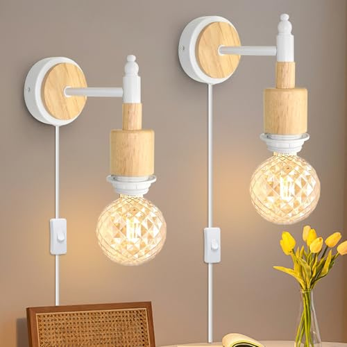 LQUNFYL 2 Pack Plug in Wall Light for Bedroom, E27 Lamp Holder with Switch and 220CM Cable, Plug in Bedside Wall Light, Industrial Vintage Wall Lamp for Indoor Lighting, DIY Lampshade, White(No Bulb)