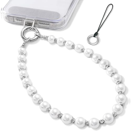 XFSRG Cordino per Cellulare Laccetto Bracciale Perle Laccio per Cellulare Elegante Cordoncino Telefono Portatile Accessorio Smartphone Universale(Argento)