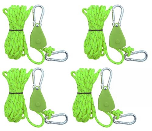 LYPPUL Lot de 4 cordes à cliquet réglables de 4 m avec tendeur de corde, cliquet réglable de 4 mm avec crochets, suspension à cliquet réglable pour tente, bâche d'ombrage, camping
