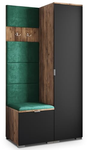 Masseno Flugarderoben Set Lori, Kleiderschrank-Set mit Sitzbank, Garderobenschrank Flur mit 3 Regalböden, Eiche Lefkas/Schwarz