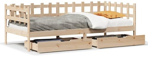 Foknhdi Tagesbett 90x190 Kiefer Massivholz mit 2 Schubladen Gästebett Schlafsofa Robustes Holzgestell für Wohn und Jugendzimmer