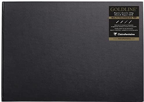 Clairefontaine 34242C Carnet Cousu Goldline - 64 Feuilles Papier Dessin Blanc - A3 29,7x42 cm 140g - Format Paysage - Couverture Rigide Noire Imitation Toile