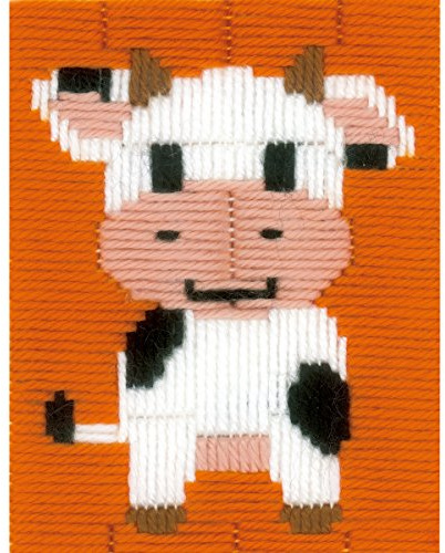 VERVACO Gobelin Stickbilder Langstich Set Kuh Lernset Nähen für Anfänger Bastelset Handwerker 12,5 x 16 cm Kreatives Nähset DIY Sticken Set Kreatives Geschenk Beginner Long Stitch Embroidery