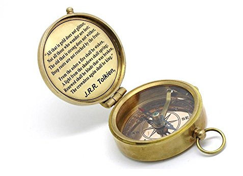 Kompass aus massivem Messing, J. R. R. Tolkien Zitat mit Lederhülle.