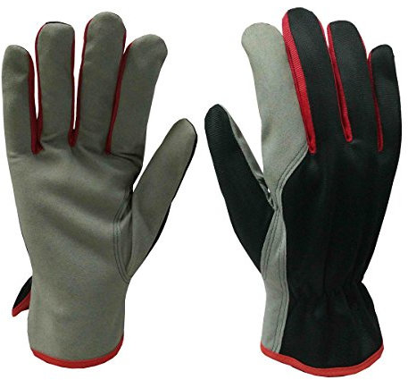 Xclou Universal-Arbeitshandschuhe in Schwarz/Grau/Rot, Nylon-Handschuhe M / Größe 8, Gartenhandschuhe gewebt, Schutzhandschuhe mit Stulpe für die Arbeit im Garten, im Haushalt & Hobby