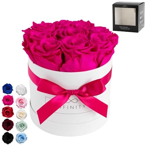 Infinity Flowerbox - 9 echte Infinity Rosen (3 Jahre haltbar ohne Wasser) - Mit Geschenkverpackung geliefert I Handgefertigt in Berlin I Geschenk für Frauen (Pinke Rosen in weißer Rosenbox)