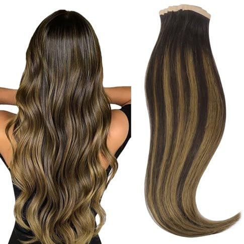 hotbanana Tape in Extensions Echthaar, 35cm Tape Extensions Echthaar 14 Zoll 20 Stück 50g Balayage Dunkel Braun to Chestnut Braun Echthaar Extensions Tape Gerade Remy Echthaar Tape Extensions