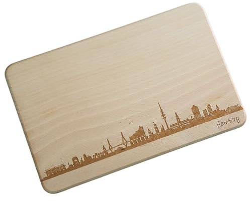 Brotzeitbrett Hamburg Skyline | Frühstücksbrettchen aus Buche | Holz Schneidbrett | Hamburg Souvenir | Frühstücksbrett (Standard S (22x14x1cm), 1. ohne persönlicher Gravur)