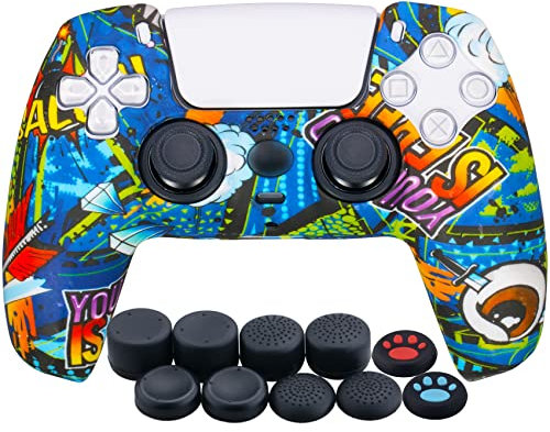 YoRHa Water Transfer Printing Silicone Thickened Cover Skin Case for PS5 Dualsense Controller x 1(Blue Graffiti) with Thumb Grips x 10