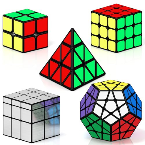 ROXENDA Zauberwürfel Set 2x2 3x3 Pyramide Megaminx Skewb Speed Cube Set Sammlung Puzzles mit Würfel Tutorial für Kinder und Erwachsene, [5er Pack] (Spiegel)