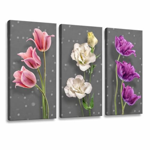 Lupia - Set 3 Quadri su Tela CANVAS DAY FLOWER GREY 38x75 cm floreale, Stampa Vivida, Pronto da Appendere, Decorazione per Soggiorno, Capezzale Testiera Camera da Letto, Cucina, Ufficio