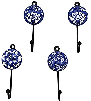 Gall&Zick Wandhaken Haken bunt Set rund Keramik Handtuchhaken handbemalt (Blau/weiß Set/4)