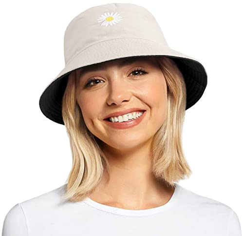 BLURBE Bucket Hats Women - Daisy Embroidery Bucket Hat Ladies Summer Fisherman Hat Reversible Cotton Bucket Sun Hats Foldable Double-Side Hat for Teens Girls Travel Outdoor